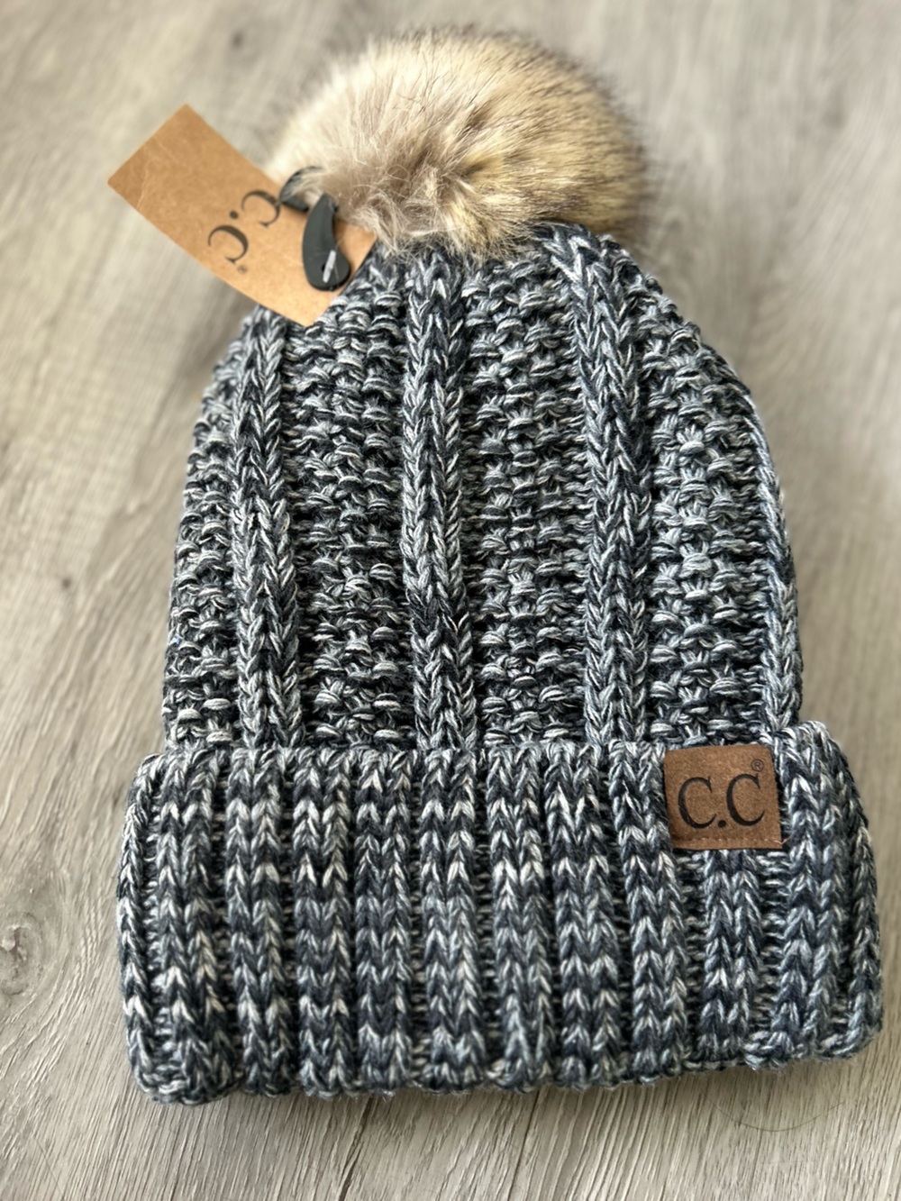 C.C Thick Cable Knit Faux Fuzzy Fur Pom Fleece Lined Cuff Beanie